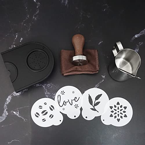 Foto von Ezebesta 51mm Kaffee Tamper Set 304 Edelstahl Base Holzgriff Siebträgermaschine Zubehör Espresso Tamper mit Tampermatte, Milchkännchen (350ml), Barista Handtuch