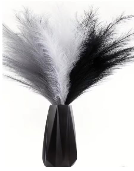 Artificial Pampas Grass, 15 Stems, 55cm Tall, Black White Grey, Faux Fluffy Dried Look, Boho Home DΓ©cor for Vase, Living Room, Bedroom, Wedding