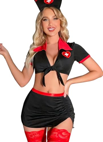 Rayson Vêtements d'Infirmière Sexy Lingerie Infirmière Set Femme Mini Jupe Boucles Dentelle Nurses Uniform Costumes Cosplay avec String,B