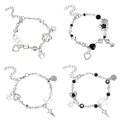4 PCS Y2K Stern Perlenarmband Punk Cooler Anhänger Armband mit Herz Blumen Stern Perlen Kette Ästhetische Accessoires Harajuku Grunge Cool Gothic Armband für Frauen Mädchen Teenager