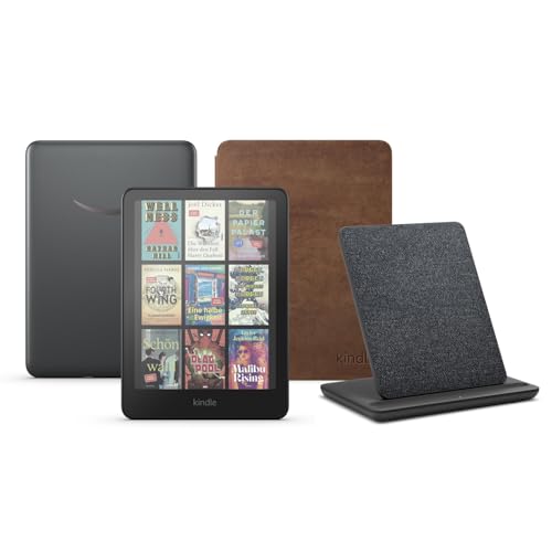 Kindle Colorsoft Signature Edition (32 GB) ohne Werbung, eine Amazon Premium-Lederhülle und eine kabellose Ladestation Made for Amazon