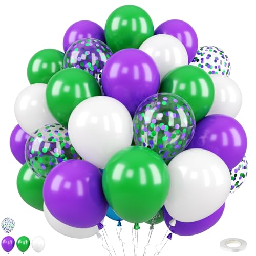 Image of Purple Green White Balloons, 50Pcs 12 Inch Theme Party with Confetti Latex
