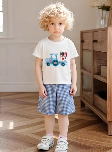 Image of Toddler Boy 4th of July Outfit Embroidered American Flag /Truck Shirt+Striped Shorts Independence Day 1-5T