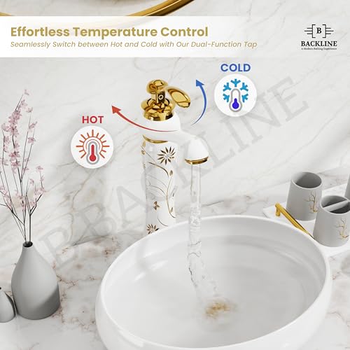 Image of Backline Basin Mixer Tap for Bathroom Wash Basin | 12 inch Long Pillar tap for Basin | Single Lever Hot & Cold Water Faucet | Basin Taps for Bathroom & Livingrooms (White Gold Long Body)