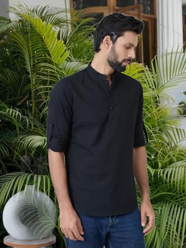 Image of See Designs Men's Roll-Up Sleeve Mandarin Collar Cotton Solid Short Kurta (Pack of 2) - Festive Collection