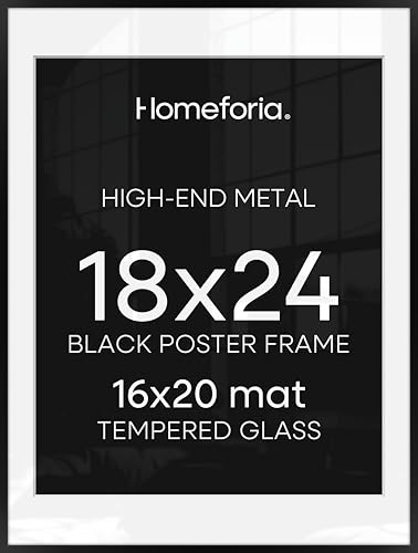 Image of Homeforia 18x24 Poster Frame Black, High End Metal 18 x 24 Picture Frames with Mat 16 by 20 inch Photo, 18x24 Black Frame Matted to 16x20 Print, 24x18 Hanging Frame, Tempered Glass, Wall Kit, Set of 1
