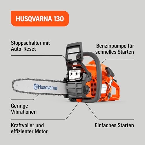 Husqvarna 130 benzinska motorna pila - 38cc X-Torq® motor, 35cm vodilica i lanac, LowVib®, idealno za održavanje vrta i drva za ogrjev
