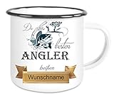 CreaLuxe Emaille Tasse personalisiert 'Die besten Angler heißen', Becher mit Name und Spruch, Camping Tasse