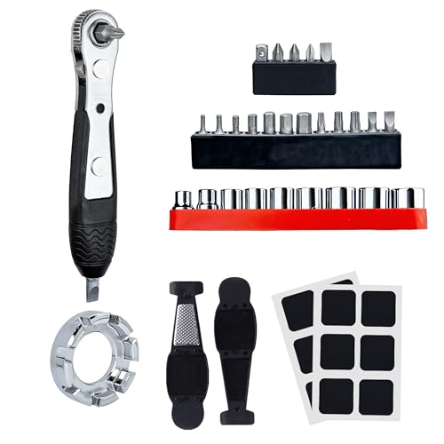 MASPODER Bike Tool Kit, Bike Repair Kit with Mini Ratchet Wrench with 26 Bits Spoke Wrench Tire Lever Patches Screwdriver Bicycle Multitool Accessories Set for Adult Bikes Road Mountain Bike MTB