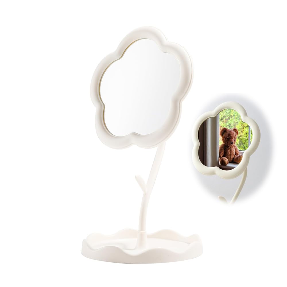 Azonee Flower Makeup Mirror, Portable Touch-Up Mirror for Women's Dresser, Desktop Makeup Mirror for Student Dormitory, Cute Heart Design, White