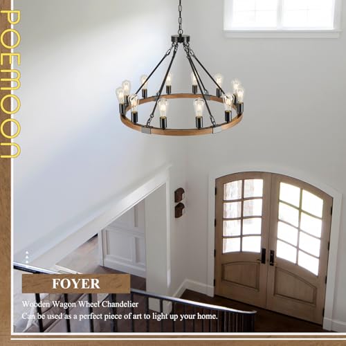Image of Oak Wooden Wagon Wheel Chandelier 12-Light 31.5 inch Light Fixture
