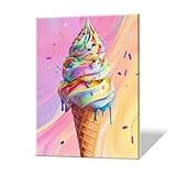 Modern Wall Art 12'X16' Painting Artwork Framed for Living Room Bedroom Bathroom Office Home Decor, Rainbow Swirl Ice Cream Cone With Flying Sprinkles Pictures on Canvas Art Painting