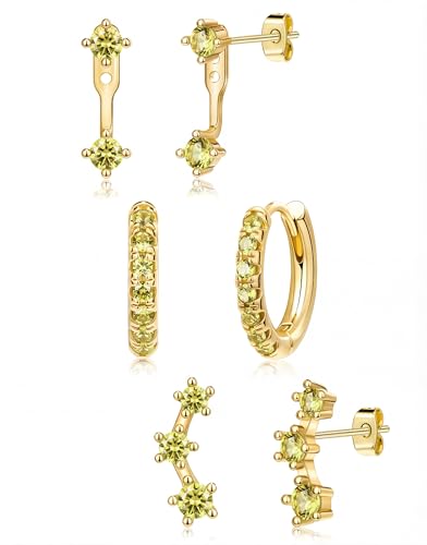Gold Olive Green Earrings Set for Women August Birthstone Trendy Jewelry Gifts Dainty Huggie Hoop Jacket Studs Earring Stack for Multiple Piercing