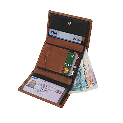 RFID BLOCKING Men's Trifold Distressed Hunter Leather & Canvas Wallet Brown Blue 8052