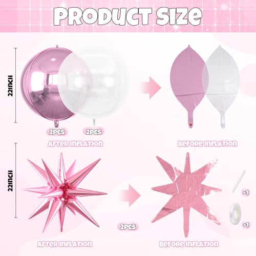 Image of 6pcs 22 inch Pink Star Balloons and 4D Large Foil Balloons, Pink Star Balloon Transparent 4D Foil Aluminum Balloon For Birthday Baby Shower Party Wedding Graduation Bridal Shower Valentine's Day Decor