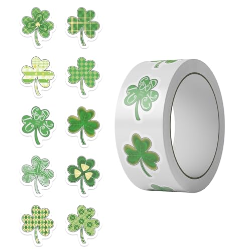 500 Pcs Shamrock Stickers Roll Decals with Plaid Polka Dot Stripe Pattern Irish Lucky Clover Stickers for St. Patricks Day Party Decor Water Bottle Laptop Notebook(Three Leaf Clover)