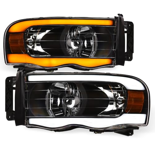 TLAPS 7422439756779 Compatible With 2002-2005 Dodge Ram 1500/2003-2005 2500 3500 Switchback Sequential LED Strip Bar Black Housing Headlights With Amber Reflector