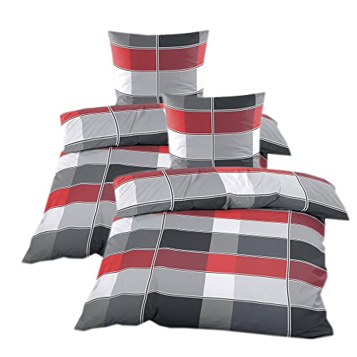 Casa Colori Biber Bettwäsche 135x200 cm | 4tlg. | Winter Garnitur | Baumwollmischung | mit Reißverschluss | Anthrazit Rot Kariert Cover