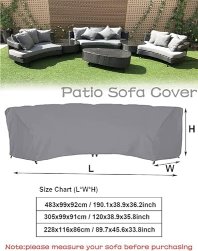 UCARE Curved Sofa Cover Outdoor Couch Sectional Protector Waterproof Half Moon Sofa Set Cover with Windproof Elastic Cord for Garden Lawn Indoor Grey (190.1x38.9x36.2in/483x99x92cm)