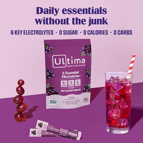 Image of Ultima Replenisher Daily Electrolyte Powder - Grape, 20 Stickpacks - Zero Sugar Hydration Packets with 6 Electrolytes and Minerals - Sugar Free, Plant Based & Keto Friendly Drink Mix