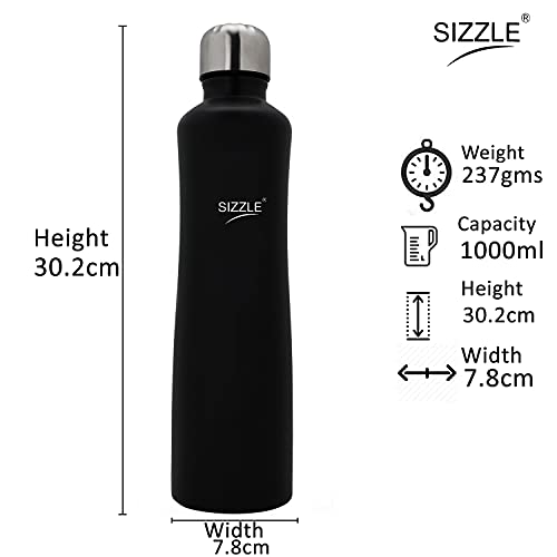 Image of Sizzle Lifestyle Stainless Steel Fridge Water Bottle (1000 ml x 1pc, Matt Black)