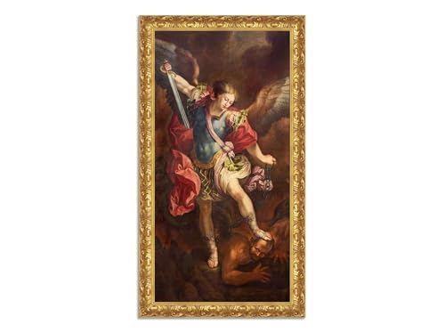 LuxHomeDecor Guido Reni - San Michele sconfigge Satana - Quadro stampa su tela effetto dipinto con cornice in legno oro classico - 110x60 cm