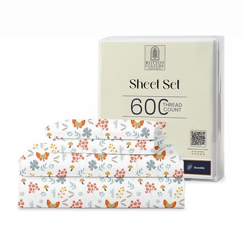 Kotton Culture Bed Sheets 4 Piece 100% Egyptian Cotton 600 Thread Count Soft Crisp Cooling Cotton Luxury Hotel Sheets Thick with 15" Inch Deep Pocket Snug Fit Sateen Weave (Rain Forest, Queen)