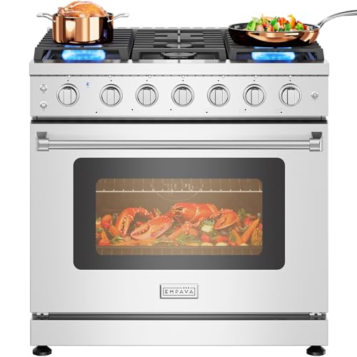 Empava 36 Inch Gas Range with 6.0 Cu. Ft. True Convection, 18,000 BTU Power Burner for Searing, 6 Sealed Burners, Convertible NG/LP, Stainless Steel Stove with Oven, CSA Certified