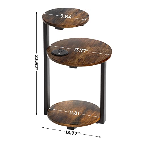 Herture Round End Table With Charging Station, Side Table With Usb Ports And Outlets, Nightstand Bedside Table With 3-Tier Shelves, Small Accent Table For Living Room Bedroom, Rustic Brown Ph01Bhn #TOP2