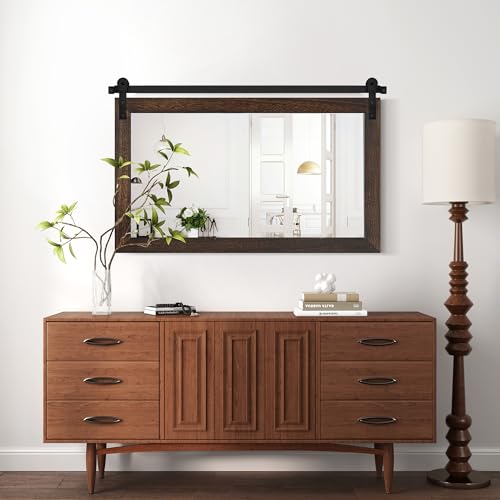 Image of COGOOD Farmhouse Bathroom Mirror - 49 inch x 30 inch Rustic Barn Door Mirror for Living Room, Entryway, Bedroom, Vanity Wall Decor (Black Brown)