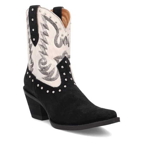 Dingo Womens Rodeo Queen Embroidered Studded Snip Toe Pull On Casual Boots Ankle Mid Heel 2-3" - Black, White2