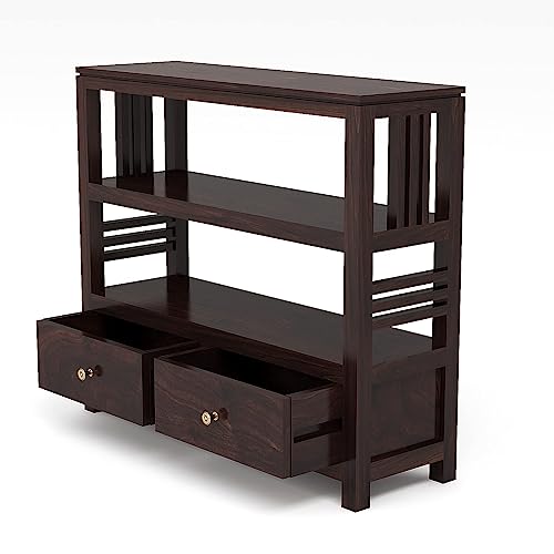 Image of Solid Sheesham Wood Console Table for Living Room | Entryway Hallway Sofa & Fish Tank Table with 2 Drawers & Shelf Storage | Rosewood Walnut Finish