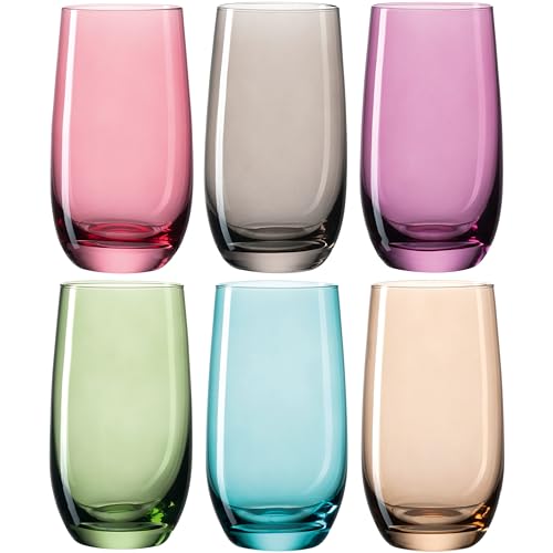 Leonardo Sora Trink-Gläser 6er Set, buntes Gläser-Set, spülmaschinengeeignete Saft-Gläser, Wasser-Gläser, Trink-Becher in 6 Farben 390 ml, Bunt, 047287