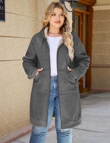 Plus Size Casual Zip Up Hoodie for Women, Long Tunic Fleece Jacket Coat, Warm Winter Hooded Outerwear4