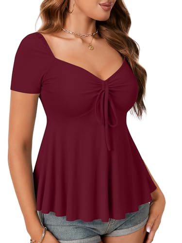 Image of Rooscier Women's Ribbed Knit Sweetheart Neck Tops Cute Drawstring Ruffle Short Sleeve T Shirts