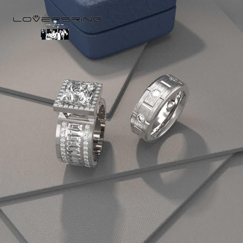 LOVERSRING 2pc His and Hers Couple Ring Bridal Sets Women White Gold Plated Square Moissanite Man Titanium Band Wedding Ring for Him and Her2