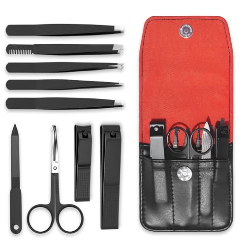 ESSBES Juego de Pinzas y Cortaúñas de 9 piezas, Kit Profesional de Manicura de Acero Inoxidable con Estuche de Viaje de Cuero para Hombres y Mujeres