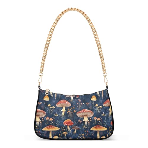 aidingzhi Riñonera cruzada con cadena roja y hongos forestales azules para mujer para esposa, Setas rojas y azul forestal