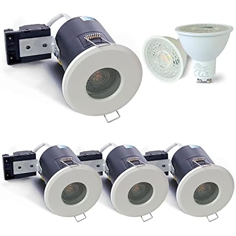4XSweier Fire Rated GU10 White Downlights,IP65 Waterproof Die-Cast Aluminium Spotlight,90 Minute Fire Rated LED Recessed Ceiling Lights, 5W Warm White 3000k 230V ,Cut-Out 70mm.(Non-dimmable) Cover