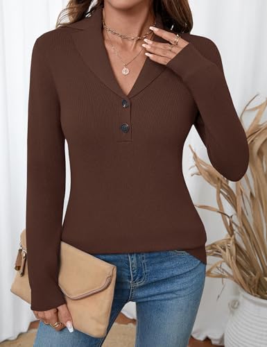 Image of LOMON Sweaters for Women 2025 Fall Knitted V-Neck Collared Button Pullover Dressy Casual Long Sleeve Polo Shirts Business