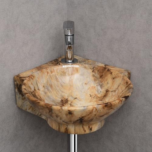 Image of REMOTION Wall Mounted Wash Basin for Bathroom | Wall Hung Corner Sink | Ceramic Round Wall Hung Wash Basin | Wall Hung Small Corner Basin (16.3 x 13.8 x 4.3 Inch) (Marble Brown)