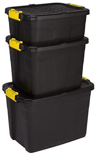 Kreher Aufbewahrungsboxen mit Deckel, TOUGH-Serie, bruchsichere Transportbox aus Kunstststoffbox, Stapelboxen, Ordnungsboxen, Kiste in Schwarz, verschiedene Größen (24 Liter)