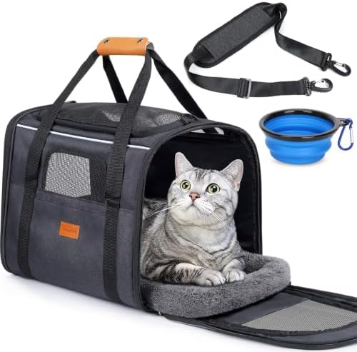 morpilot Transportín Perro Gato, Bolsa Transporte Transpirable para Mascotas, Portador de Viaje con Correa de Hombro Ajustable, Transporte de Gato con Colchón Suave+Tazón (Negro 44 x 31 x 34 cm)