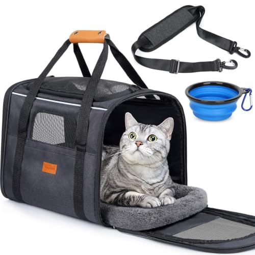 morpilot Transportín Perro Gato, Bolsa Transporte Transpirable para Mascotas, Portador de Viaje con Correa de Hombro Ajustable, Transporte de Gato con Colchón Suave+Tazón (Negro 44 x 31 x 34 cm)