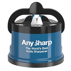 AnySharp Essentials – Knife Sharpener with PowerGrip – For Knives and Serrated Blades – Blue