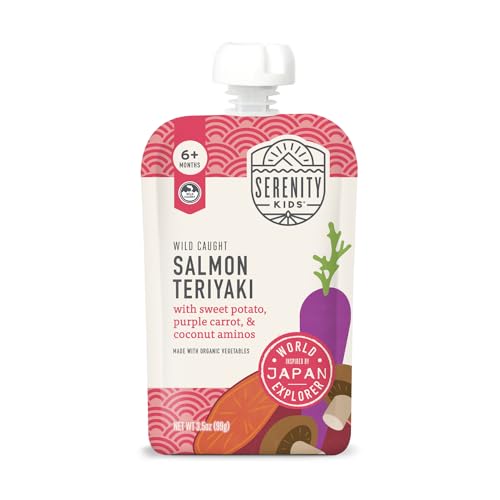 Serenity Kids 6+ Months World Explorers Baby Food Puree with Ethically Sourced Meats & Organic Veggies - Salmon Teriyaki - 3.5 Ounce BPA-Free Pouch, 6 Count
