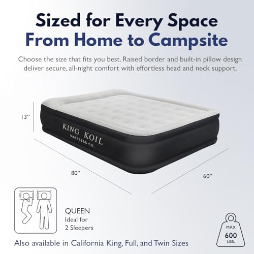 Image of King Koil 13 inch Queen Air Mattress with Built-in High-Speed Pump - CNN Underscored Top Pick, Sleeps Like a Real Bed, Inflates in 2 Minutes, 600 lb Capacity for Guests, Camping, Home, 1-Year Warranty