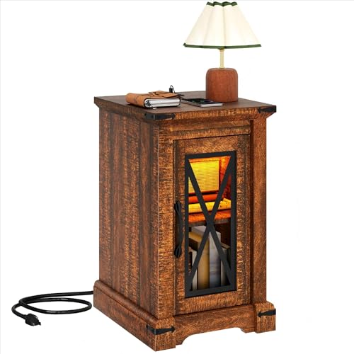 DWVO Farmhouse Nightstand with USB Charging Station & LED Lights, Adjustable Storage Bedside Table for Bedroom/Living Room, Brown