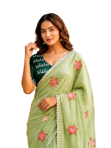 Image of Handcrafted Floral Embroidered Saree with Contrast Blouse