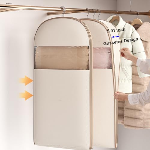 3 Pack Breathable Clothes Covers with Zip,Garment Bags Storage 5.91 inch Gusseted Suit Protector,Dustproof Hanging Bag Jacket Coat Shirts for Wardrobe,Beige_95x58cm3